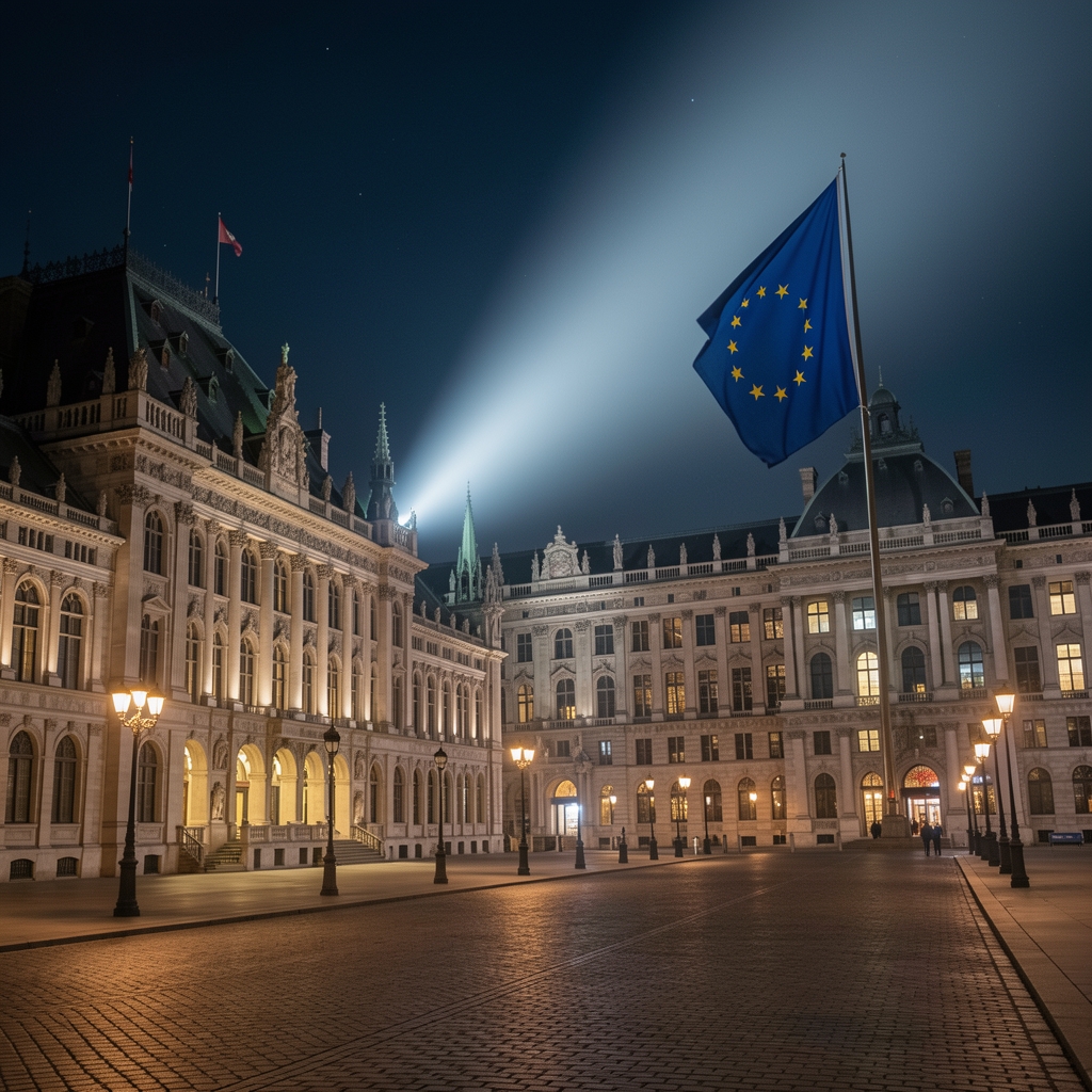 Зграда Европске уније у Бриселу, застава ЕУ испред главног улаза, ноћна фотографија са освјетљеним фасадама