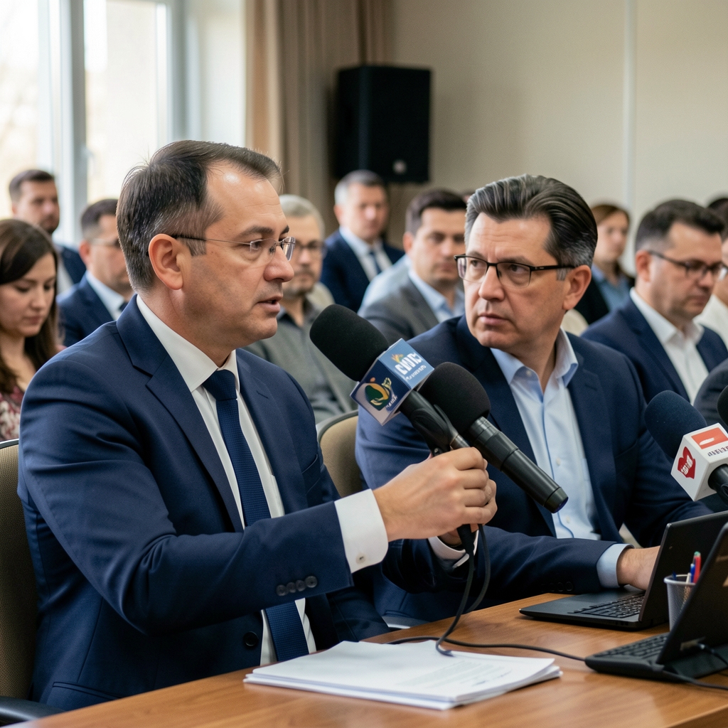 Новинар са микрофоном на прес-конференцији, публика са бележницама и рачунарима у позадини